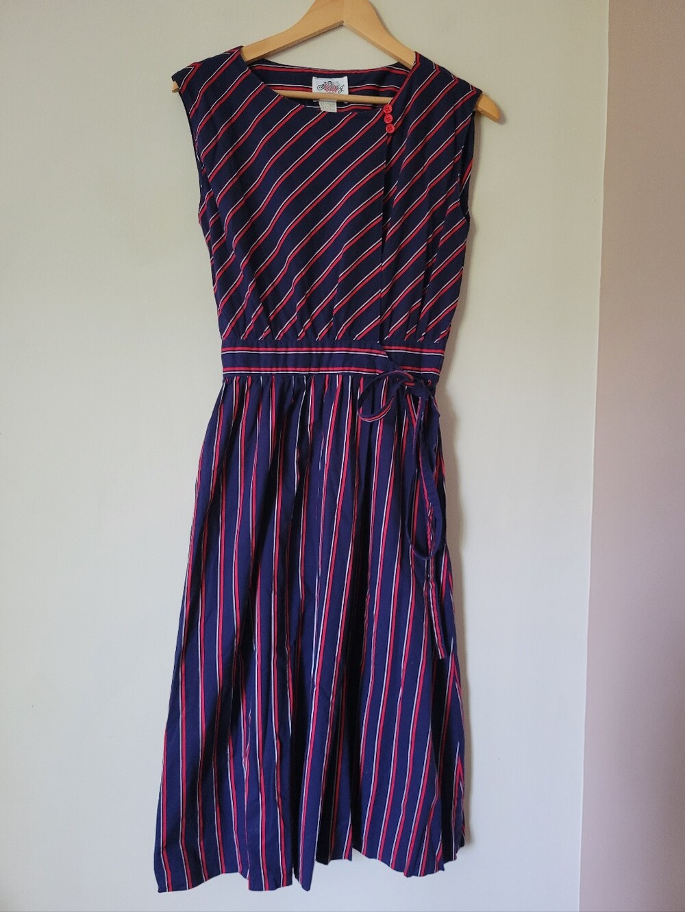 Vintage 60s Lanz Originals Sleeveless Navy Red Striped Wrap Dress Size Medium